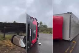 RS: Caminhão tomba com a força do vento durante temporal