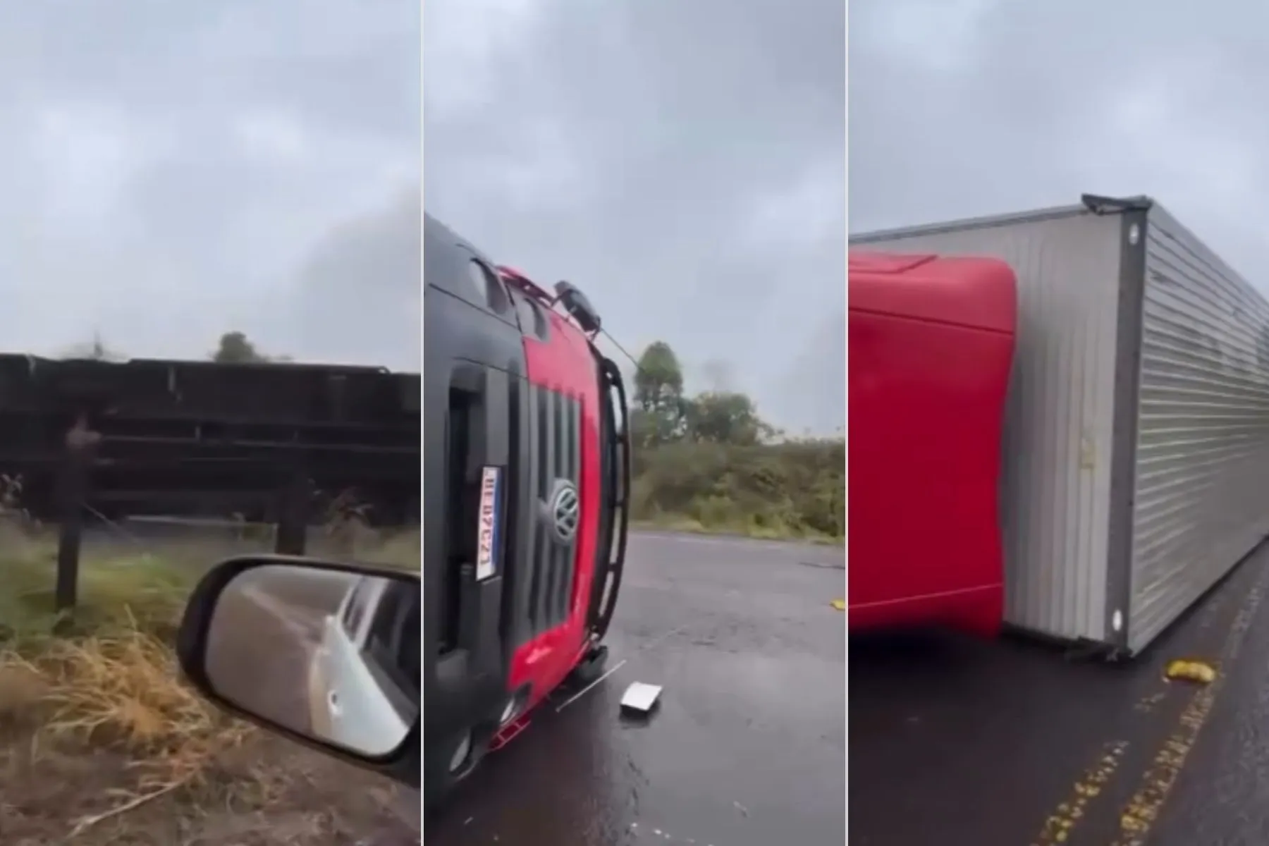 RS: Caminhão tomba com a força do vento durante temporal