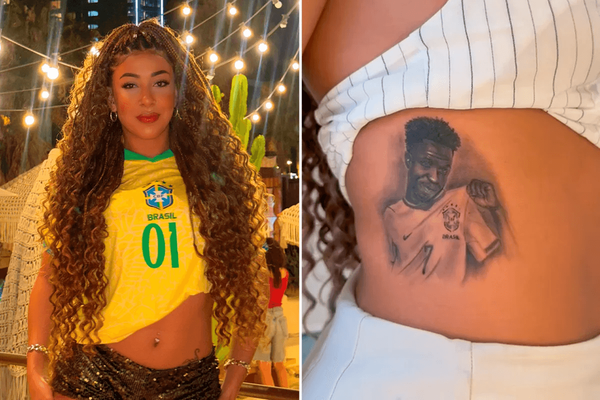 Modelo tatua Vini Jr e recebe ataques nas redes