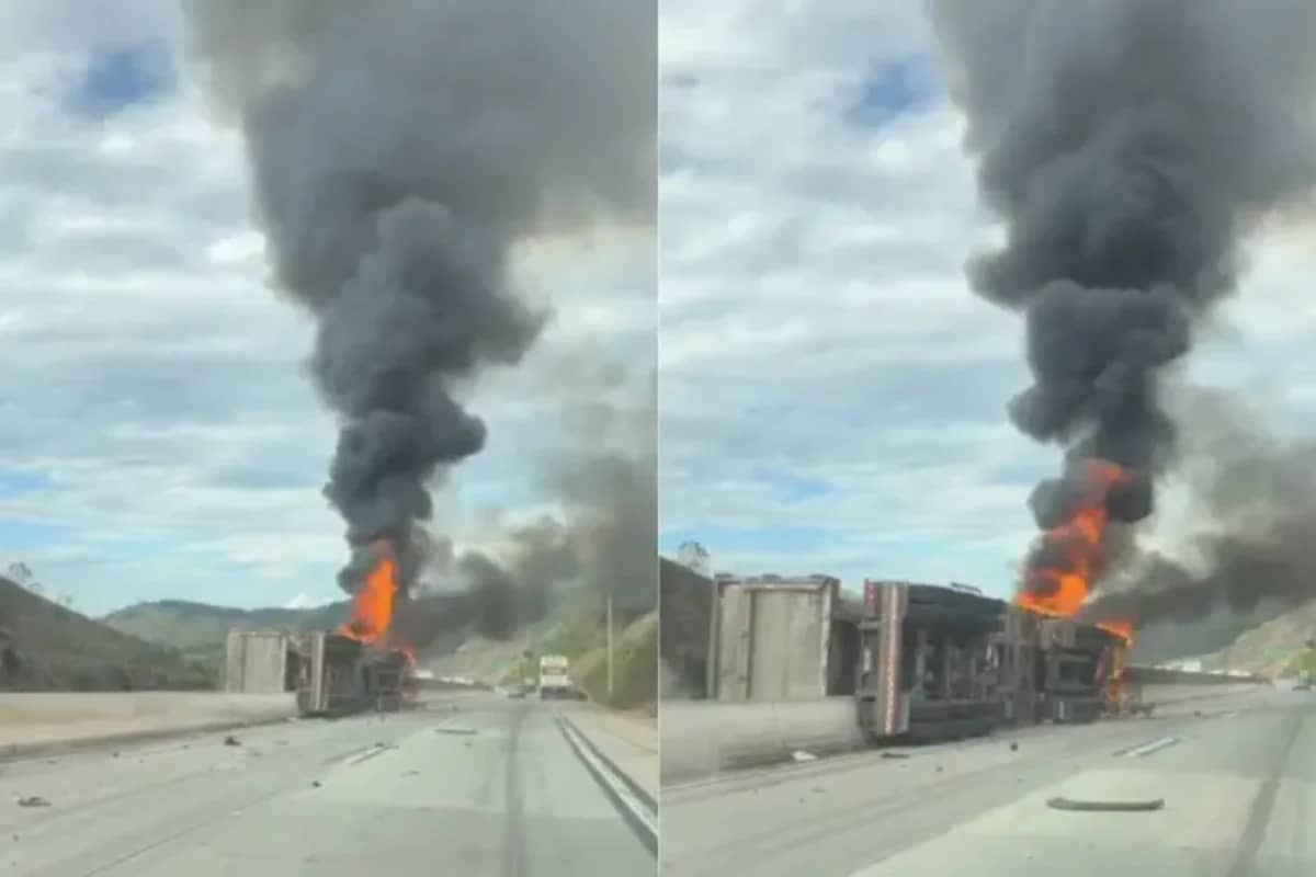 Carreta tomba e pega fogo na Grande BH; motoristas enfrentam lentidão na rodovia