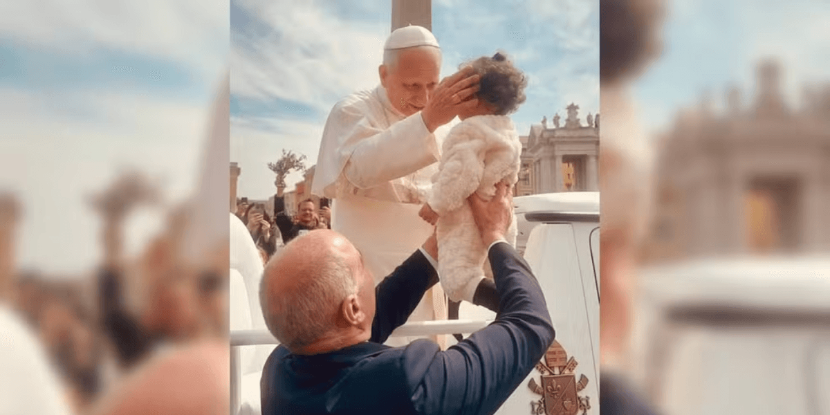Bebê cearense recebe bênção de Papa Leão XIV após missa de Domingo de Ramos no Vaticano — Foto: Arquivo pessoal