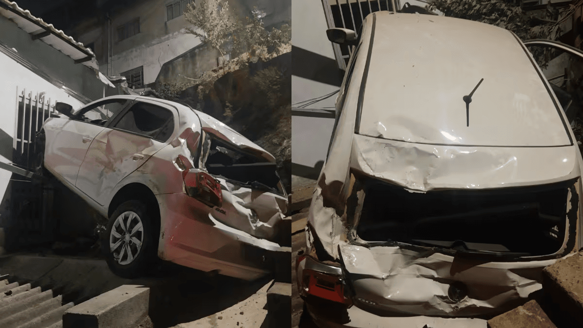 Carro cai sobre uma casa no bairro Carlos Prates - Foto: RECORD Minas/ Reprodução
