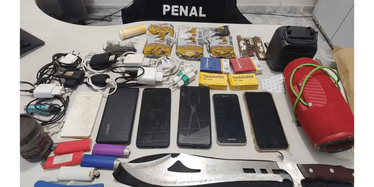 Tadalafila, celulares, faca e droga são apreendidos em ônibus que transportava detentos em São Mateus, no Espírito Santo — Foto: Divulgação/PPES