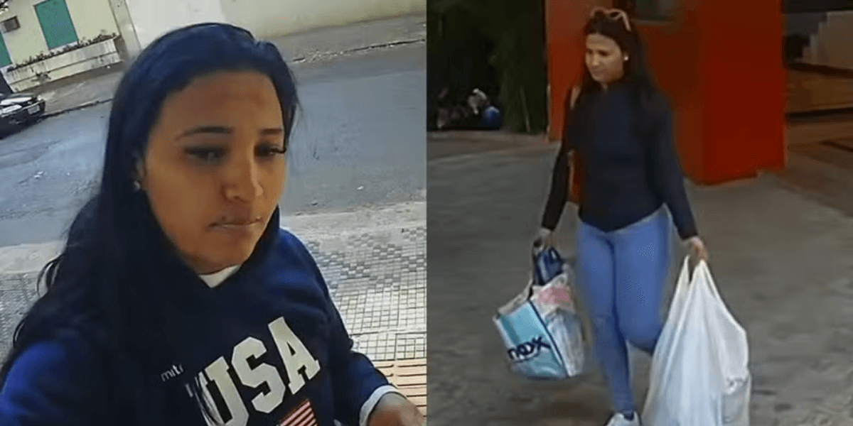 Câmeras de segurança mostram suspeita entrando e saindo de prédio após morte de idosos — Foto: Reprodução