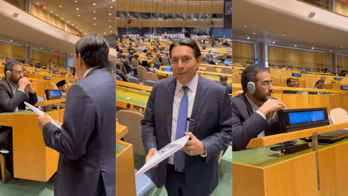 Embaixador de Israel na ONU, Danny Danon, provoca diplomata iraniano no plenário da Assembleia Geral em 24 de setembro de 2026. — Foto: Divulgação/Danny Danon no X