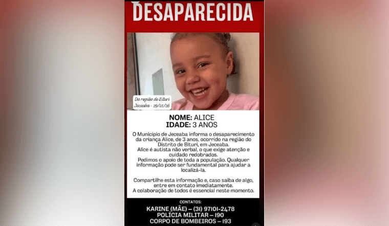 Menina de 3 anos desaparece em sítio na zona rural de Jeceaba