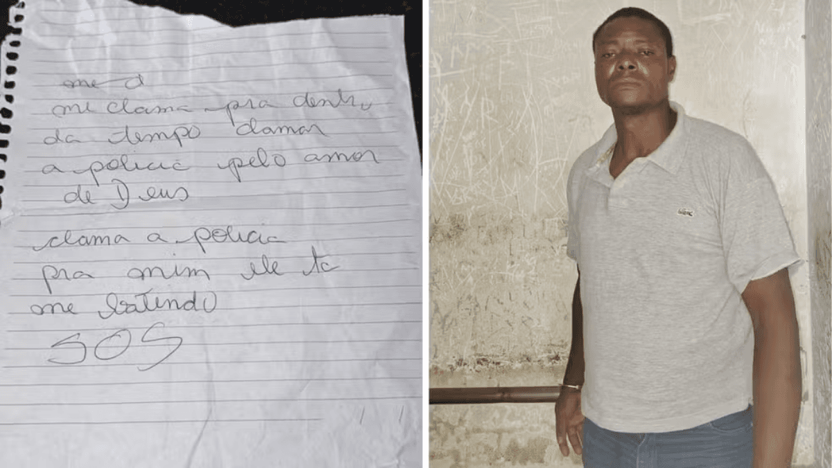 Bilhete escrito pela vítima de violência e o suspeito de agredi-la — Foto: Raquel Freitas e Guarda Civil de Contagem