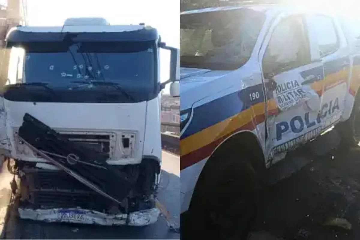 Imagens mostram o caminhão com marcas de tiros e uma viatura da Polícia Militar amassada