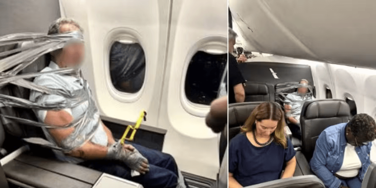 Acusado de racismo e homofobia, passageiro foi dominado a bordo de avião da American Airlines e preso a assento com fita adesiva e abraçadeiras — Foto: Reprodução/X