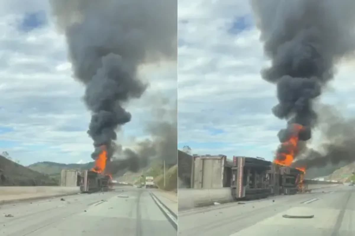 Carreta tomba e pega fogo na Grande BH; motoristas enfrentam lentidão na rodovia